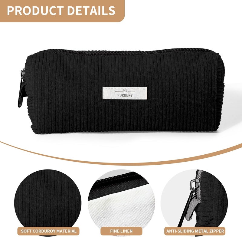 Purbert Pencil Bag Pen Case, Soft Corduroy Small Pencil Pouch Organizer with Zipper, Cute Pencil Case Pouch Stationery for Girls and Boys – Black - Image 4